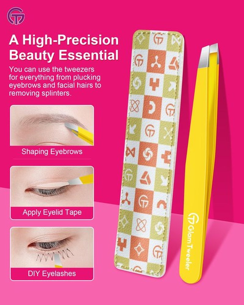 Expert Eyebrow Hair Removal Tweezer with Leather Case, GlamTweeler High Precision Slant Tip Stainless Steel Tweezers for Men and Women (Chartreuse Yellow)