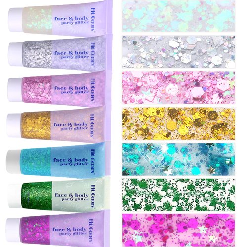 Face Body Glitter, Hair Glitter Sparkles Chunky Body Face Glitter Gel for Girls Makeup Singer Concerts Mermaid (White+Silver+Pink+Gold+Light Blue+Green+Rose Red)