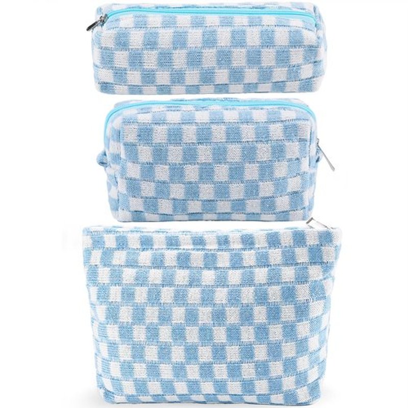 ZLFSRQ 3Pcs Checkered Makeup Bag for Women Large Cosmetic Bag Set Travel Toiletry Bag Makeup Pouch Bag for Purse Blue Zipper Storage Bag Organizer Cute Small Aesthetic Girls Car Essentials Bag