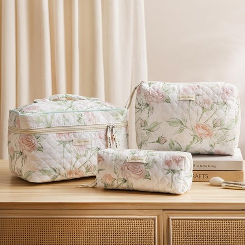 HBselect Quilted Makeup Bag, 3PCS Cotton Large Travel Makeup Bag, Cute Floral Coquette Make up Bag Cosmetic Bag Toiletry Bag for Women Girls