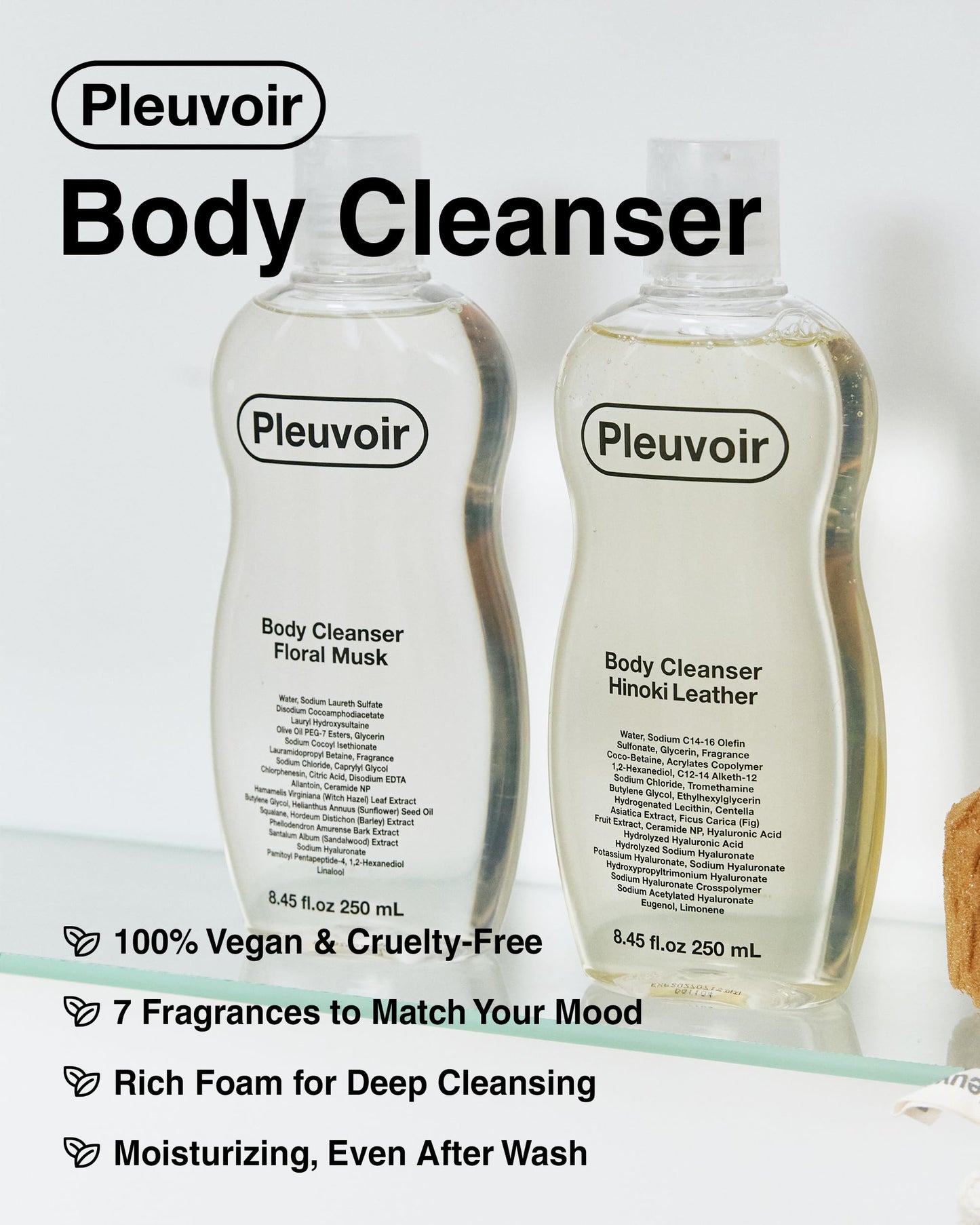 Pleuvoir Hinoki Leather Perfume Body Wash - French MANE × Japanese Cypress (Cedar & Musk), Unisex Woody Shower Gel, Rich Moisturizing Foam with 8 Types Hyaluronic Acid Ceramides, 8.45 fl.oz