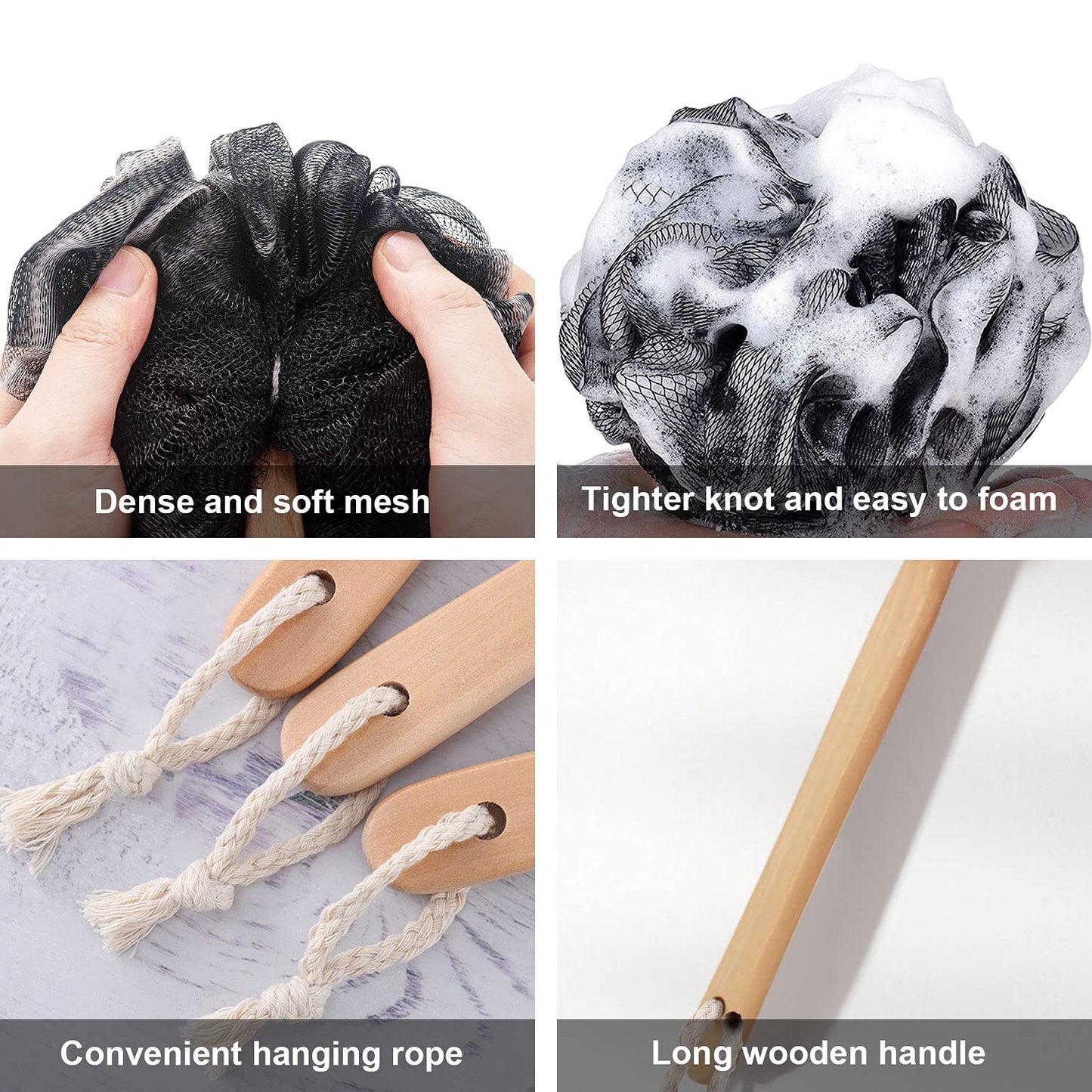 RASDDER Loofah on a Stick, Loofah with Handle, Loofah Sponge with Handle, PE Soft Mesh Luffas, Exfoliating Luffa for Men and Women