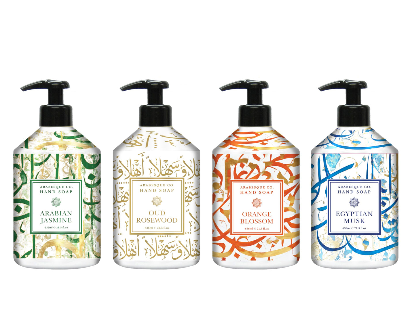 Home & Body Company Arabesque Co. Hand Soap Set 4-Pack (21.5 fl oz Each) – Arabian Jasmine, Oud Rosewood, Orange Blossom & Egyptian Musk – Moisturizing Liquid Soap for Kitchen & Bathroom