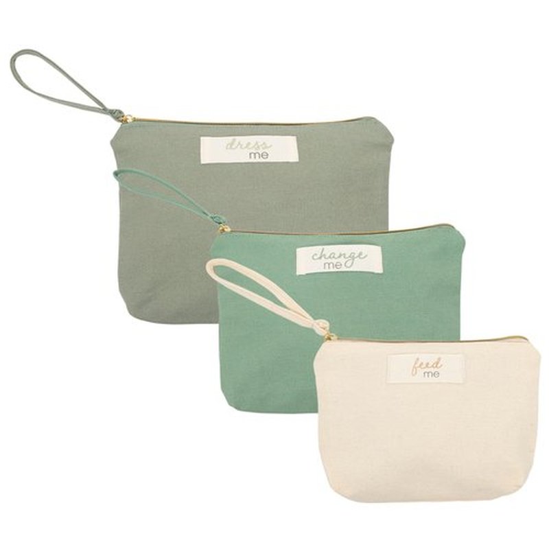 Pearhead Baby Diaper Bag Organizing Pouch Set – Feed Me, Change Me, Dress Me – Zip Pouches Made from Recycled Cotton, Gender Neutral Diaper Bag Accessories and Baby Essentials Organizer - Set of 3