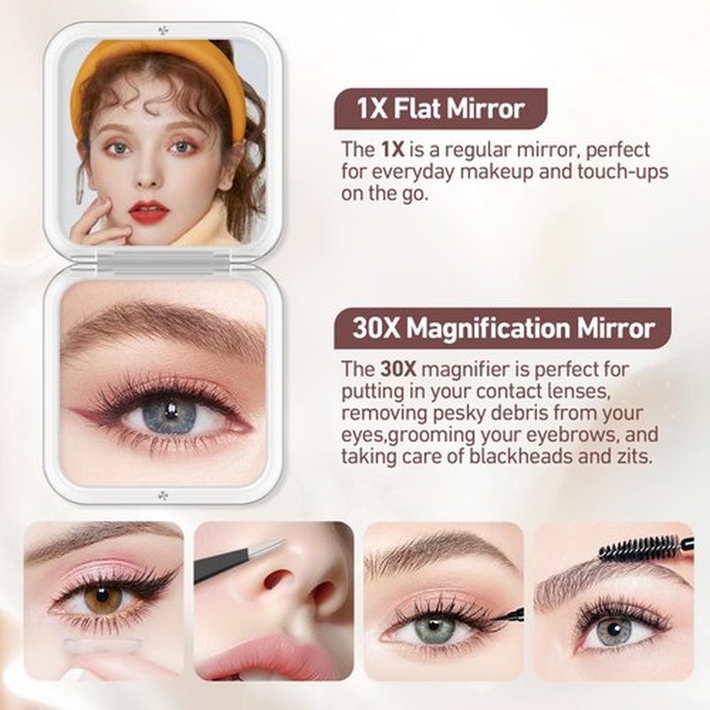 Magnifying Mirror, 30X Pocket Travel Make up Mirror, 3.3x3.3 inch Small Compact Mirror, 2-Sided Mini Mirror for Home and Outside, Portable Multi-Purpose Travel Mirror, Precision Tweezers, Rose