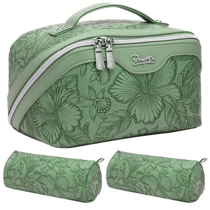 Travel Makeup Bags Cosmetic Organizer Bag: 3-Set Large Capacity Make up Bag - PU Leather Toiletry Bag for Women - Wide Open Portable Pouch with Divider & Handle (03-Green-2)