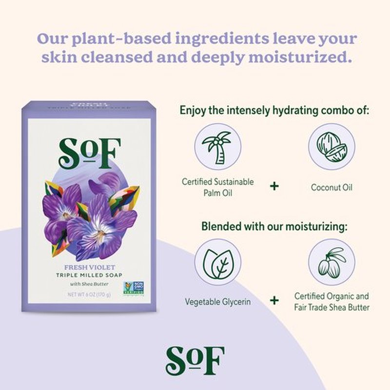 South Of France Fresh Violet Bar Soap by SoF Body Care (Formerly Body Care) | Triple-Milled Soap with Shea Butter + Essential Oils | Vegan, Non-GMO Body Soap | 6 oz Bar | 6 Bars