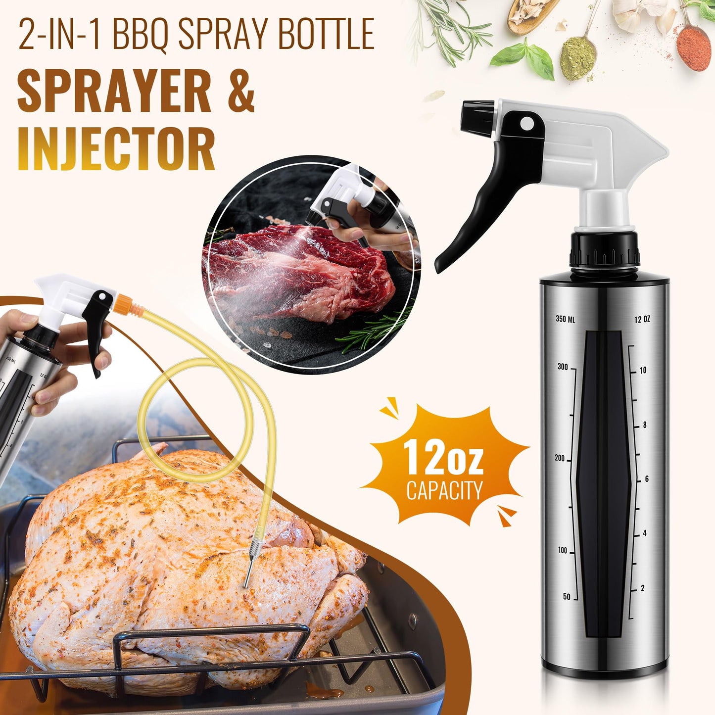 HappyAlley BBQ Spritzer Bottle and Marinade Injector for Smoker Accessories, 12Oz Leak Proof BBQ Spray Bottle for Grilling & Smoking, Grill Spray Meat Injector for Turkey, Brisket, Ribs