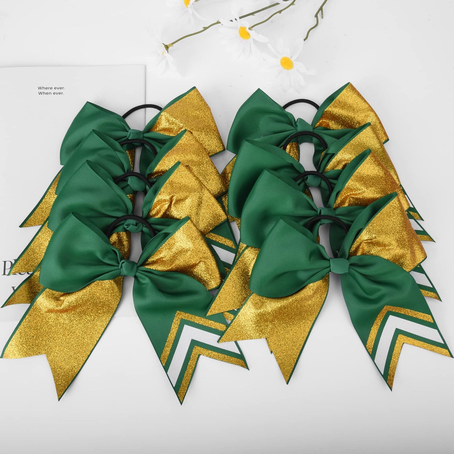 DEEKA 8PCS 8" Two Toned Large Glitter Cheer Bows Shiny Cheer Hair Bows Ponytail Holder Handmade for Cheerleader Girls Softball Sports -g Gold/Green