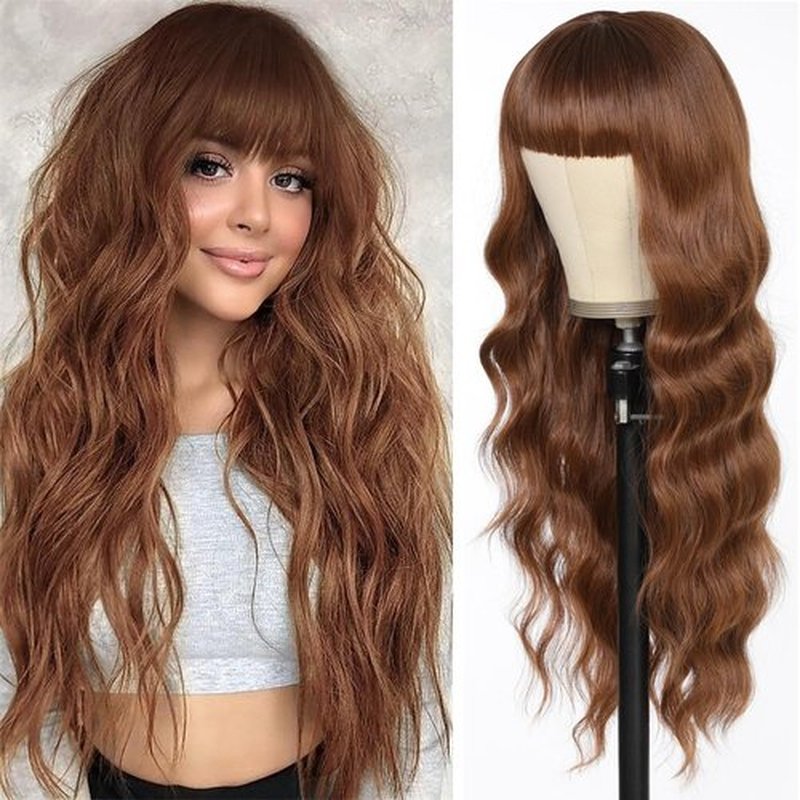 Auburn Wig with Bangs 26 Inches Long Wavy Curly Wig for Women Synthetic Wigs Ombre Auburn Wig with Bangs Long Wavy Wig Hair Dark Root Synthetic Wigs Heat Resistant Fiber Ombre Auburn wigs for women
