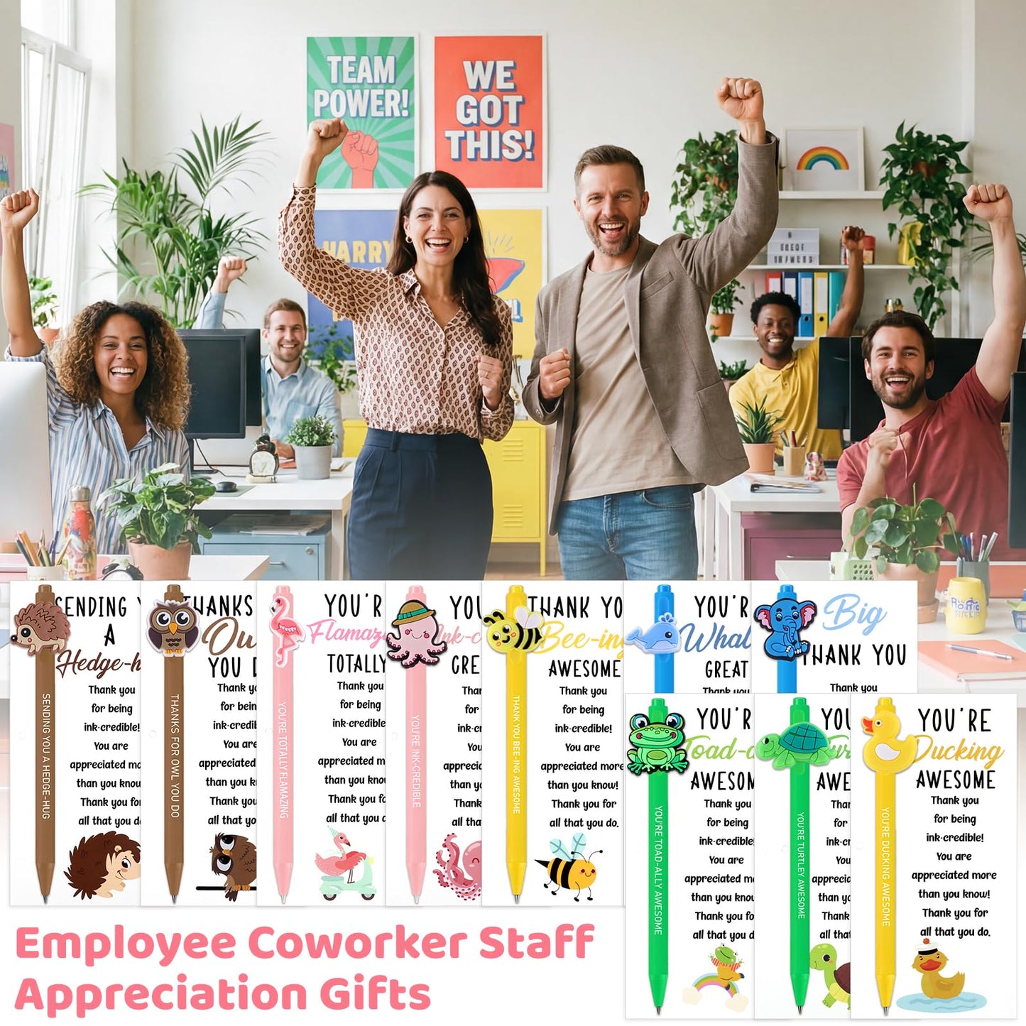 BESARME 30 Sets/90 Pcs Employee Appreciation Gifts Bulk For Coworkers Staff Thank You Gifts Teacher Appreciation Gift Funny Animals Pen with Motivational Card and Bags for Office
