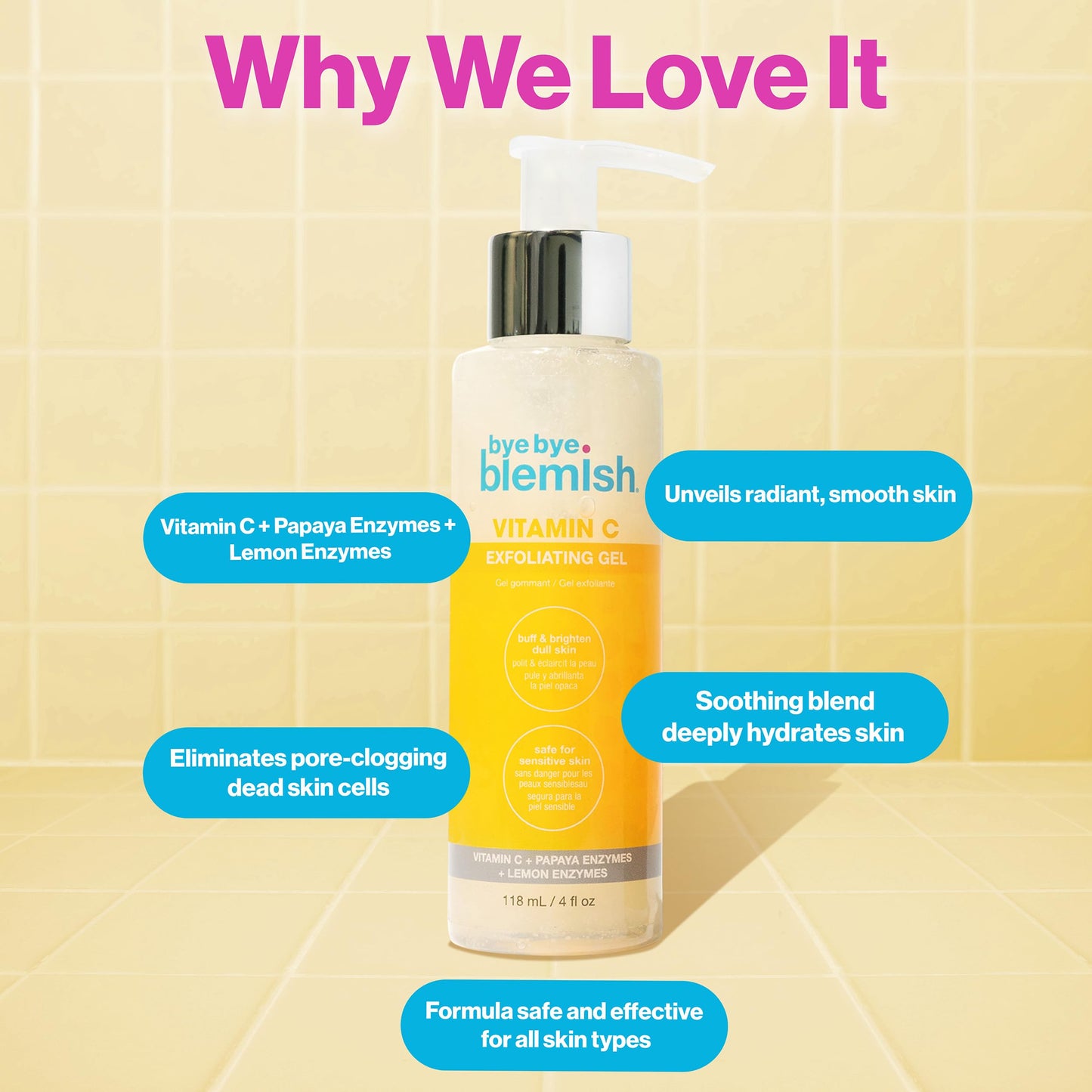Bye Bye Blemish Vitamin C Exfoliating Gel – Gentle Scrub Gel Exfoliator for Face with Papaya & Lemon Enzymes, Brightening Dead Skin Remover, 4 oz