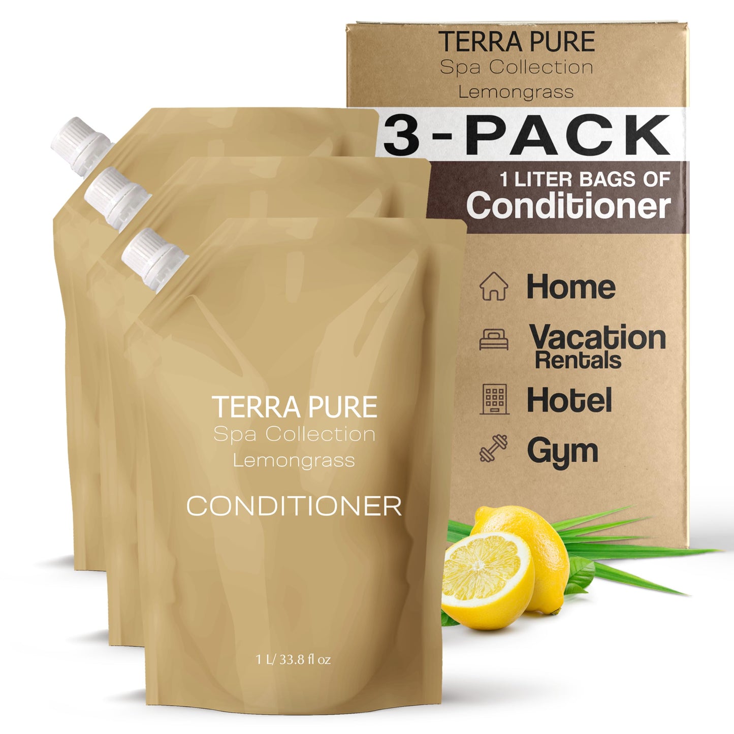 Terra Pure Spa Collection 1 Liter Conditioner Refill Bag For Soap Dispensers | Bulk Toiletries for Vacation Rentals, and Home Bathroom Showers | Green Tea Lemongrass | Set of 12