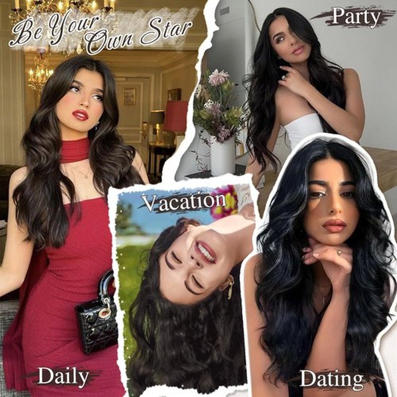 BARSDAR Clip in Hair Extensions - 16 Inch Wavy Black Hair Extensions Clip in for Women - 6PCs Full Head Thick Soft Synthetic Black Clip in Hairpieces Daily Party Halloween- Natural Black