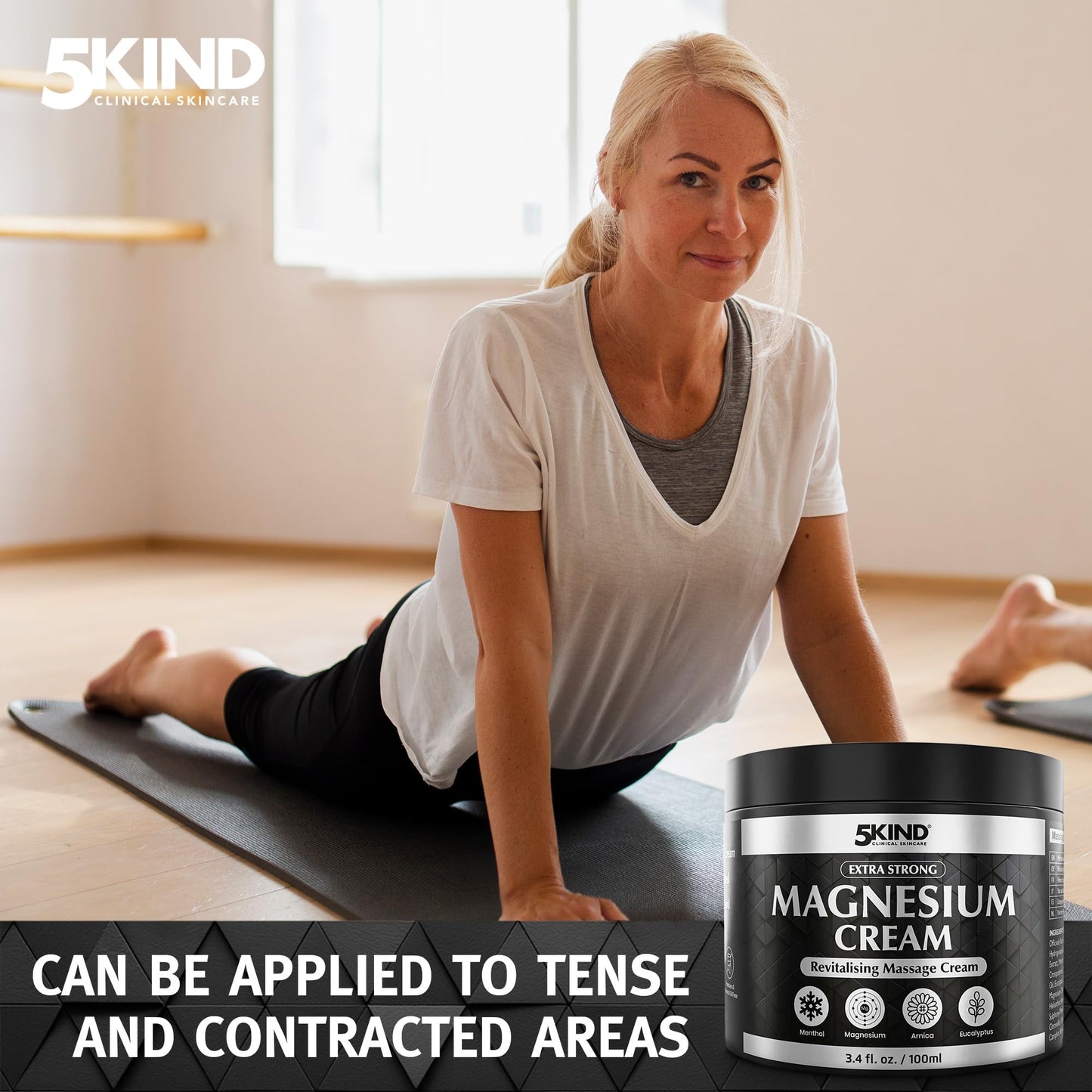 5Kind Extra Strong Magnesium Cream 3.4 fl oz - Magnesium Rub for Muscles, Joints, Lower Back, Knee, Neck, Shoulder, Hip & Feet - Infused with Arnica, Eucalyptus, Comfrey, Menthol & Hemp Oil