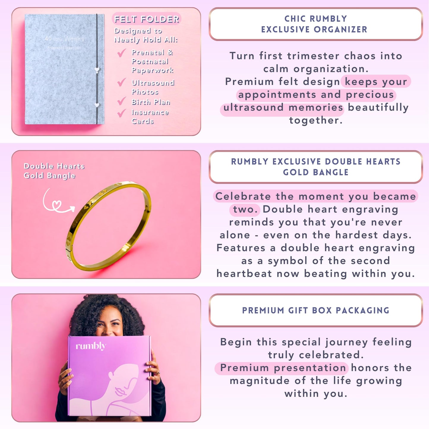 Rumbly 1st Trimester Mom-to-Be Essentials Box - Pregnancy Gifts for Expecting Mom - Care Package with Essential New Mommy Items & Pregnancy Must-Haves - First Trimester