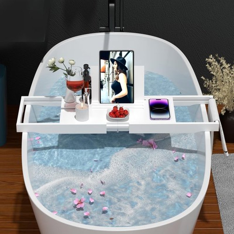 Premium Bathtub Caddy Tray,Expandable Bamboo Bath Tray for Tub,Foldable Minimalist Bathroom Accessories with Book Stand for Home Spa Relaxing,Unique House Warming Gifts,White