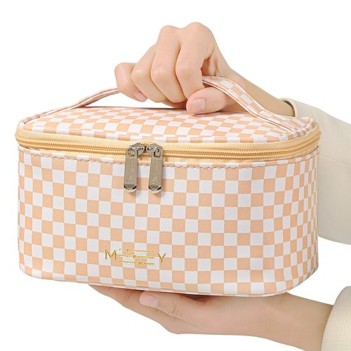 Meiyuuo Travel Makeup Bag Checkered Multi Color Portable Small Cosmetic Bags for Women Zipper Pouch Toiletry Bag Make up Organizer Waterproof Cute (Chess Plaid Khaki Beige)
