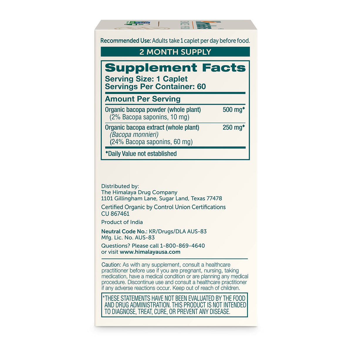 Himalaya USDA Organic Bacopa Monnieri Nootropic Herbal Supplement,Brahmi,Bacopa Supplements, Bacopa Extract,Mental Alertness, Supports Calm,Memory,Cognition,Non-GMO,750 mg, 60 Plant-Based Caplets