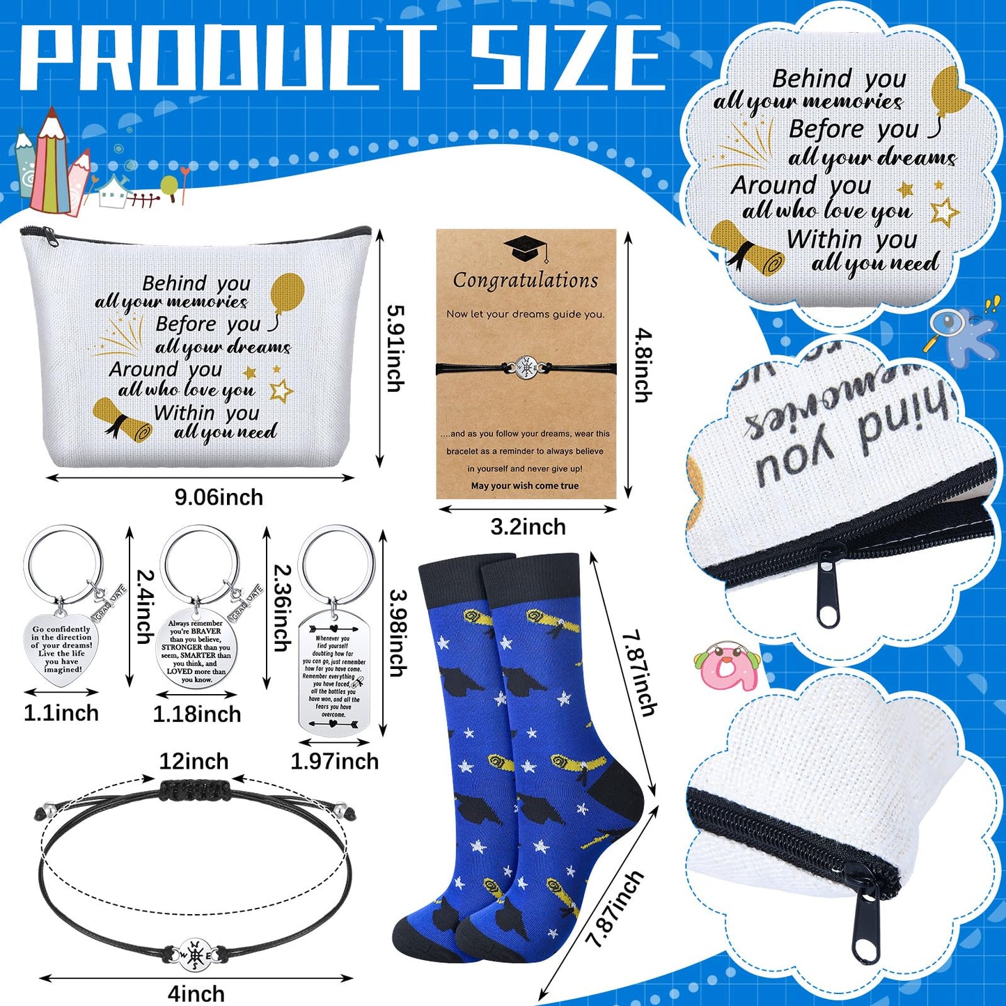 Jiuguva 24 Pcs Graduation Gifts Set Include 6 Grad Socks 6 Makeup Bags 6 Keychains 6 Compass Wristbands Congrats Grad Class of 2026 Graduation Gift for Her Him