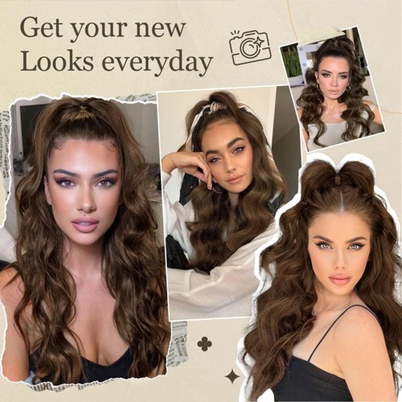 FREEMEIGE Women's 26 Inch Long Wavy Synthetic Ponytail Extension, Medium Brown Mix Natural Blonde