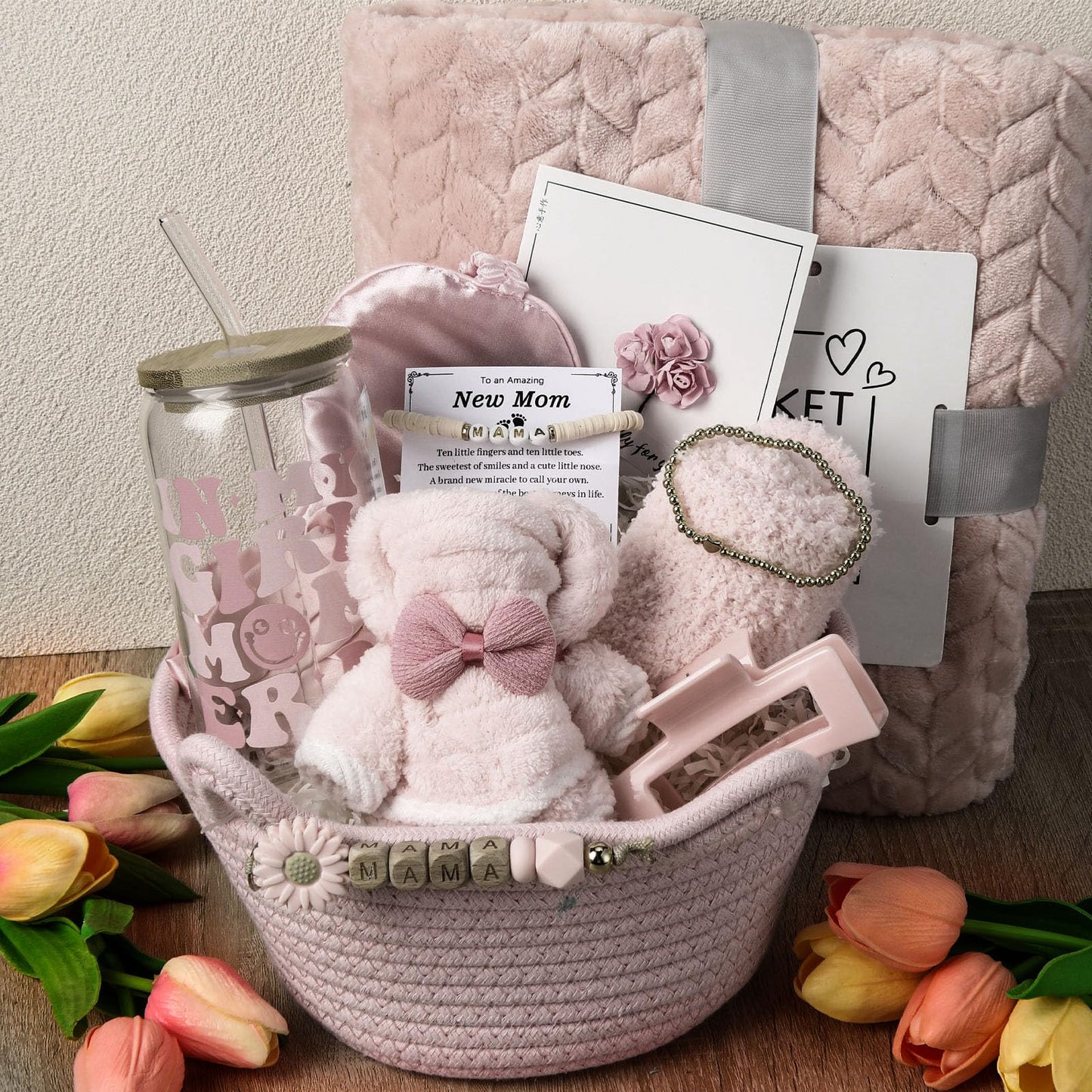 Newwiee 12 Pcs New Mom Package After Baby New Mom Gifts Set After Birth Baby Shower Gift Set with Blanket Postpartum Essentials for Mother Kit Pregnancy Gifts for First-time Mothers(Pink,Elegant)