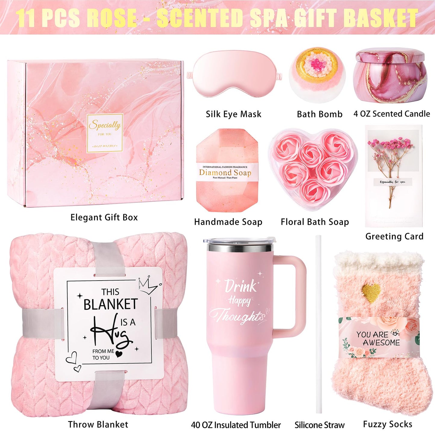Aeenr Mothers Day Birthday Gifts for Women Self Care Get Well Soon Gift Baskets, Unique Relaxing Spa Gift Set W/Flannel Blanket & 40 OZ Tumbler for Mom Wife Her Sister Girlfriend Valentines Christmas