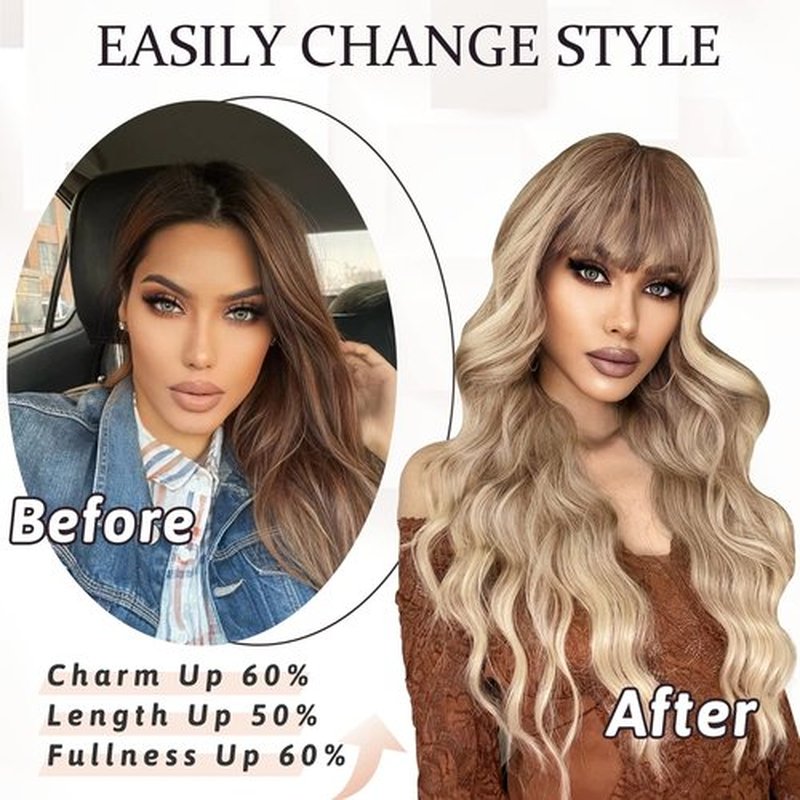 NAYOO Blonde Wigs with Bangs for Women Long Curly Wavy Hair Wigs Heat Resistant Synthetic Fiber Wigs for Daily Party Use 26 Inches (Ombre Blonde)