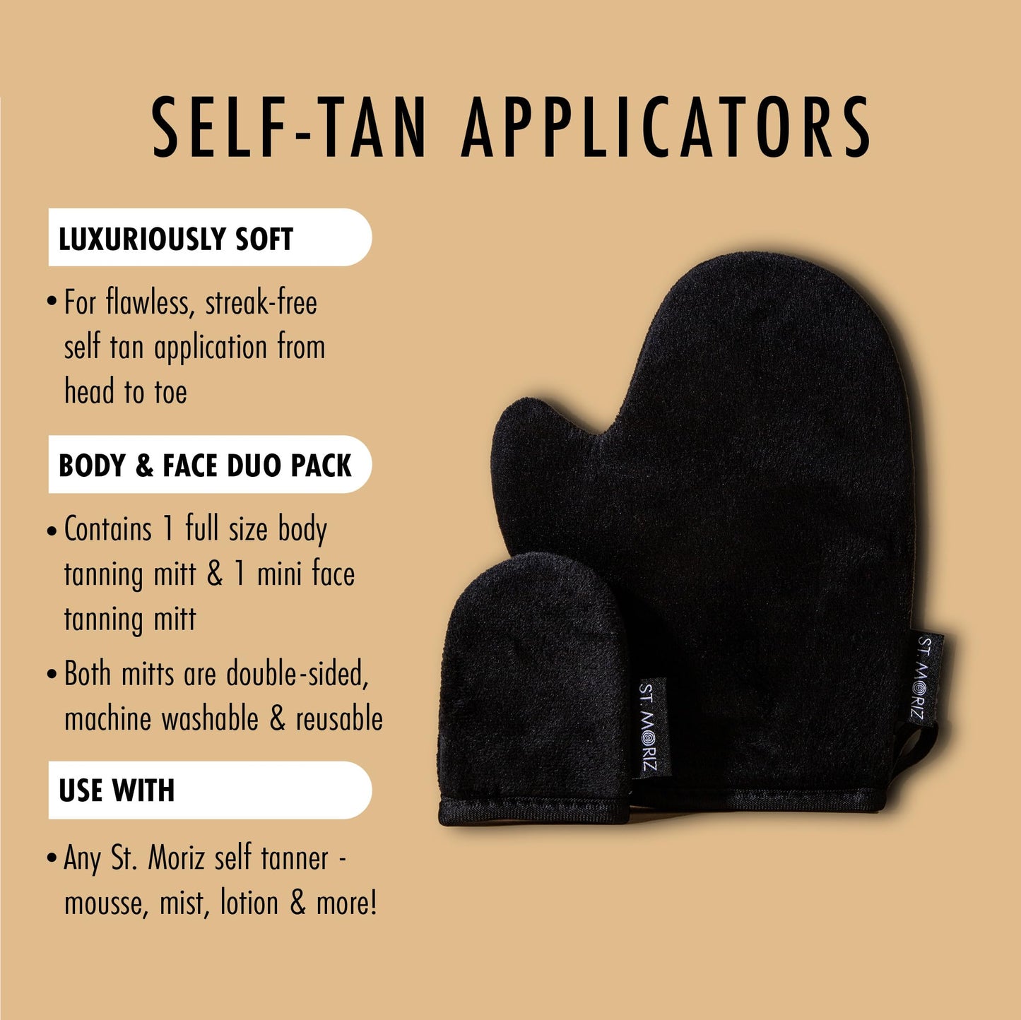 St Moriz Luxury Self Tanning Mitt & Face Mitt Duo Pack - Velvety Soft, Double Sided, Washable Self Tanner Applicator Gloves with Thumb For Even Self Tan Coverage & Streak Free Finish - Pack of 2
