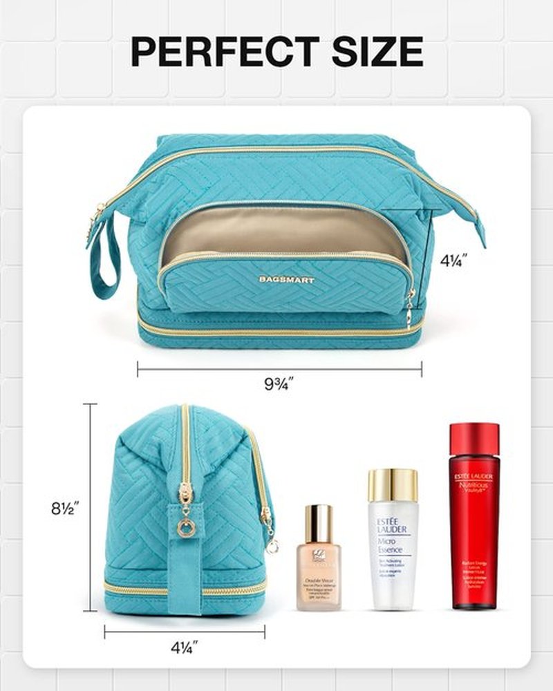 BAGSMART Travel Makeup Bag, Cosmetic Bag Make Up Organizer Case, Large Wide-open Pouch for Women Double Layers Purse for Toiletries Accessories Brushes Teal