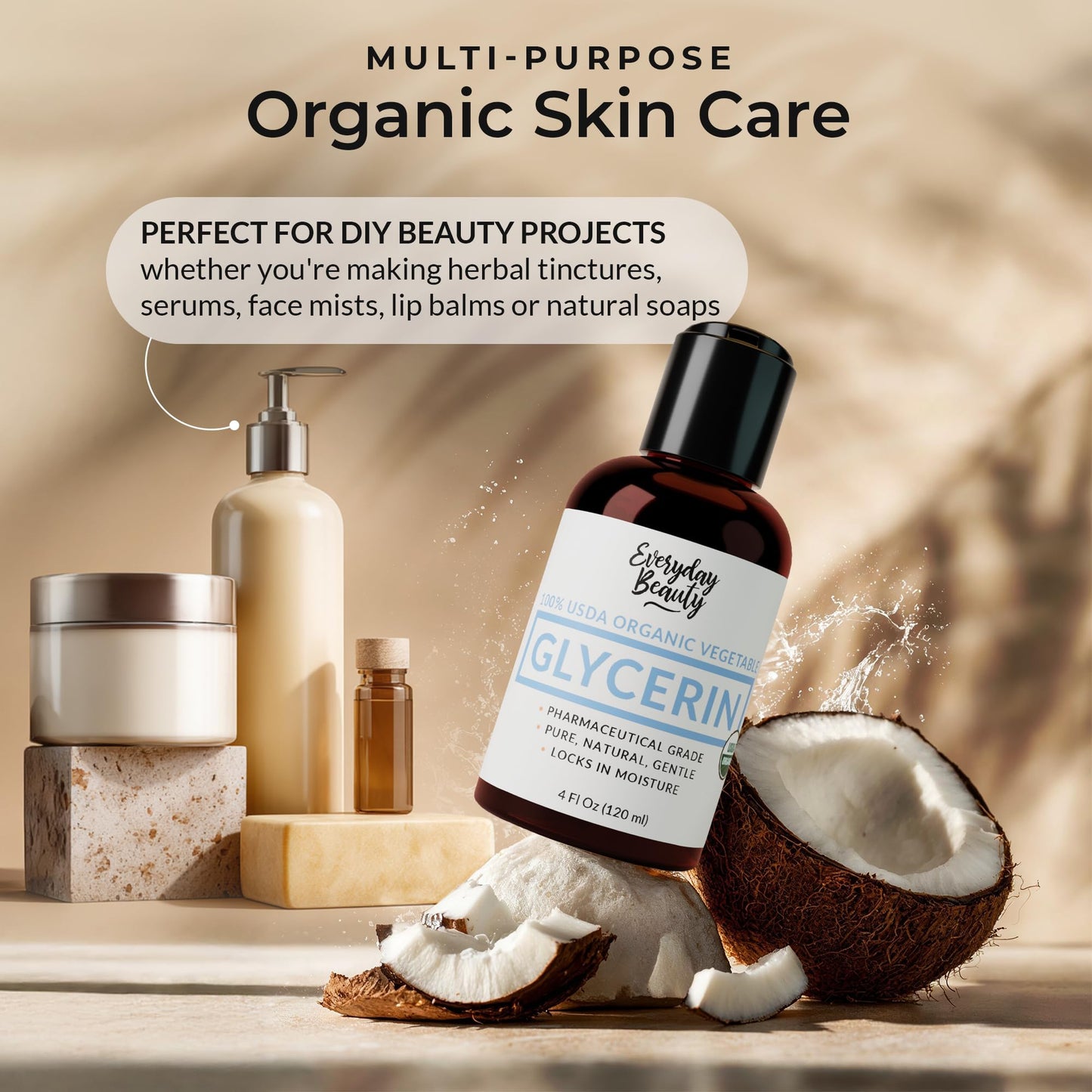 100% Organic Glycerin - For Skin & Hair - Food Grade - USDA Certified - Not From Palm Oil - Perfect Skin and Hair Moisturizer - 4 Fl Oz