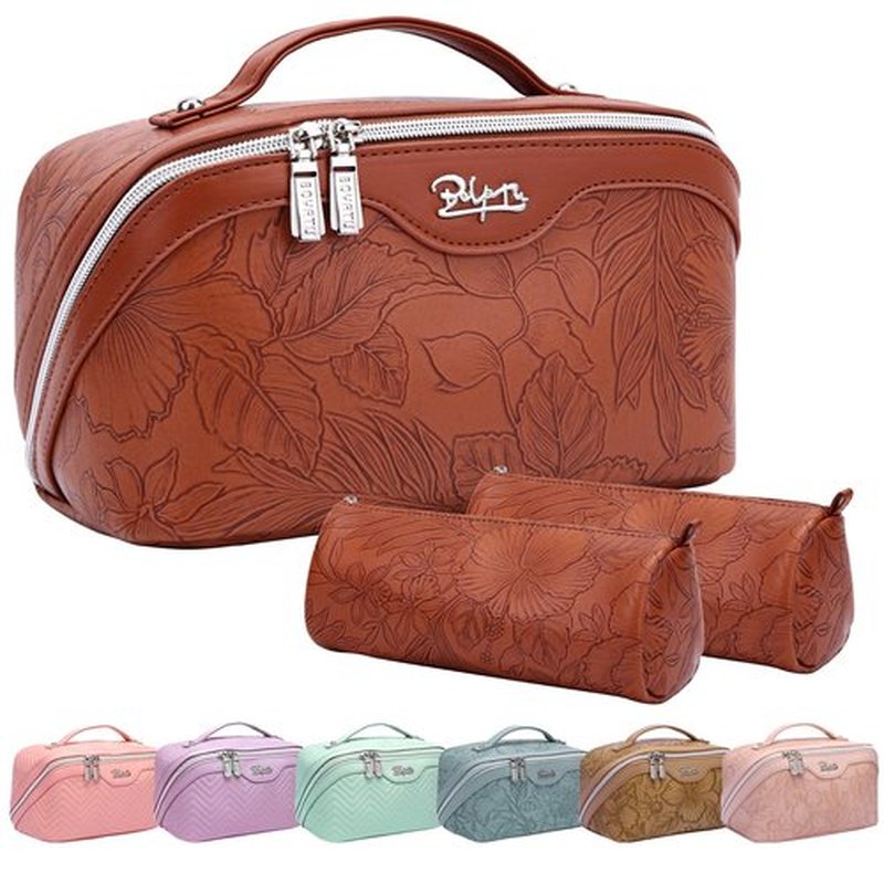 Travel Makeup Bags Cosmetic Organizer Bag: 3-Set Large Capacity Make up Bag - PU Leather Toiletry Bag for Women - Wide Open Portable Pouch with Divider & Handle (02-Dark Brown)