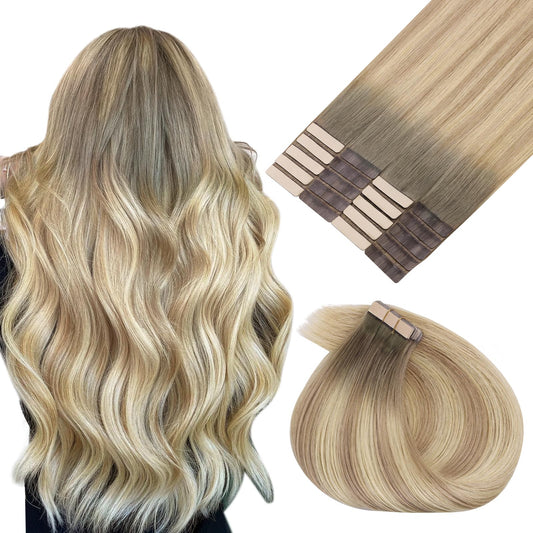 MAXITA Seamless Tape in Hair Extensions Human Hair, 100% Human Tape in Hair Extensions Light Ash Brown to Dirty Brown and Sun Blonde 14 Inch 50g 20pcs,Invisible Seamless Remy Tape for Extensions