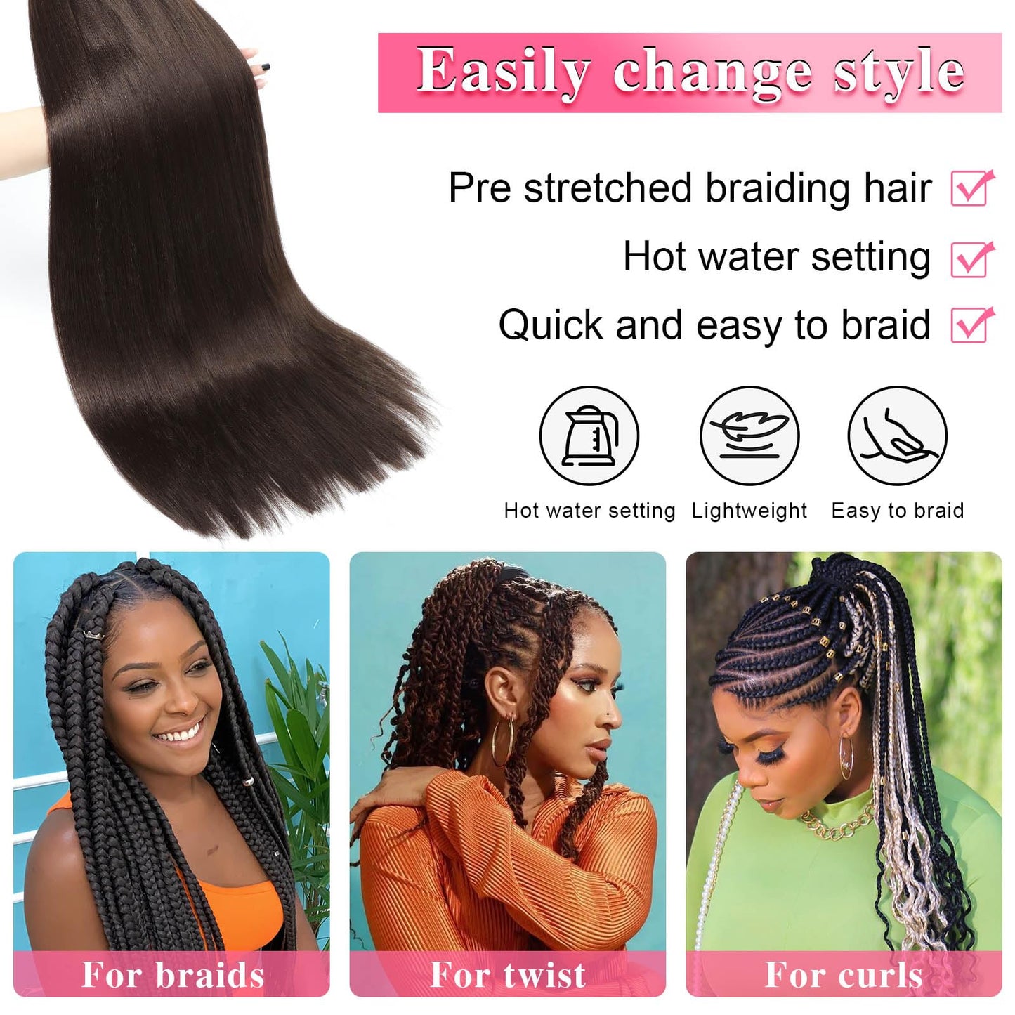 4 Braiding Hair Pre Stretched 26 Inch 2 Packs Pre-stretched Braiding Hair Extensions for Braids 4 Braiding Hair Color Yaki Texture Hot Water Set Synthetic Bundles(#4, 2 Packs, 26 Inch)