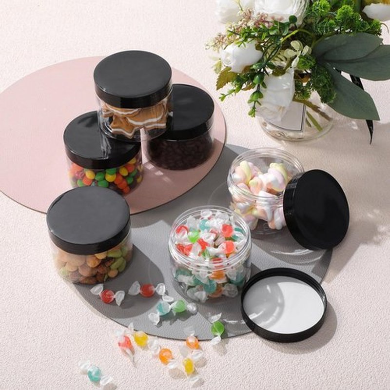 6 Pack Clear Container with Lids Small Plastic Pot Jars Wide Mouth Round Leak Proof Plastic Container Jars with Lid for Travel Storage, Eye Shadow, Nails, Paint, Jewelry (Black, 10 oz)