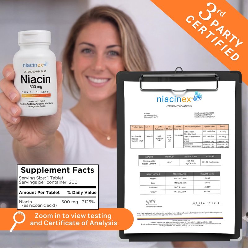 Niacinex Niacin 500mg Extended Time Release, 200 Tablets, Minimal to No-Flush, Vitamin B3 Supplement - Cholesterol Balance, Nicotinic Acid Vegan, cGMP, made in the USA
