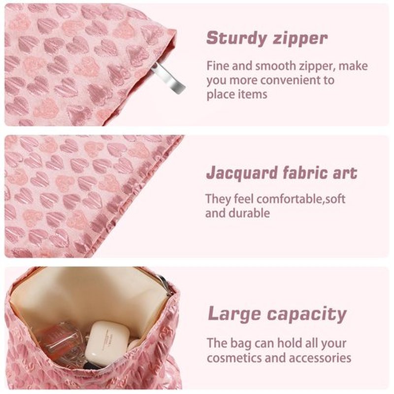 ZLFSRQ Heart Makeup Bag Travel Cute Cosmetic Bags for Women Large Makeup Pouch Zipper Cosmetic Pouch for Purse Aesthetic Embroidery Makeup Organizer Bag Portable Toiletry Bag(Pink)