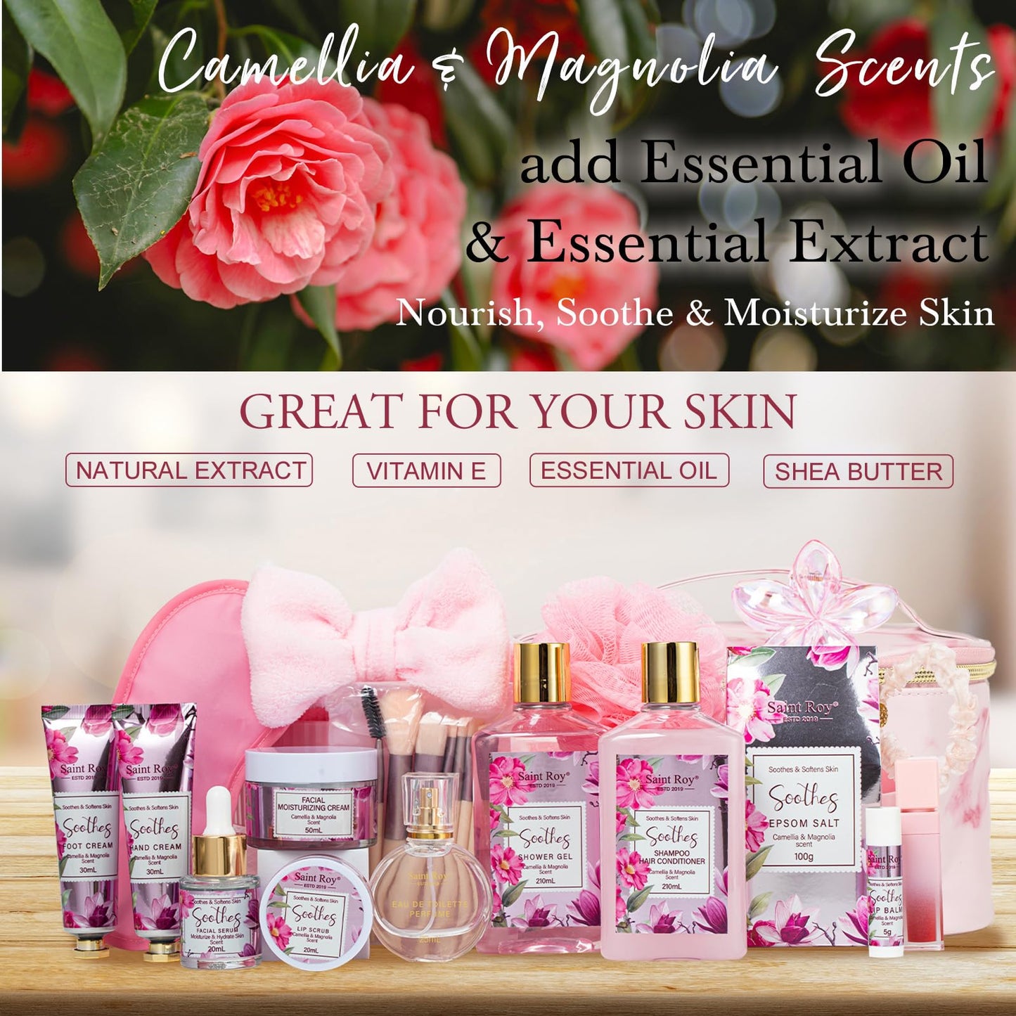 Camellia & Magnolia Facial Skin Care Set, 27 Pcs Bath & Body Spa Basket for Women, Beauty Care Kit, Makeup Bag, Face Serum, Perfume, Christmas, Mother Day, Valentine's, Birthday, Bridal Shower