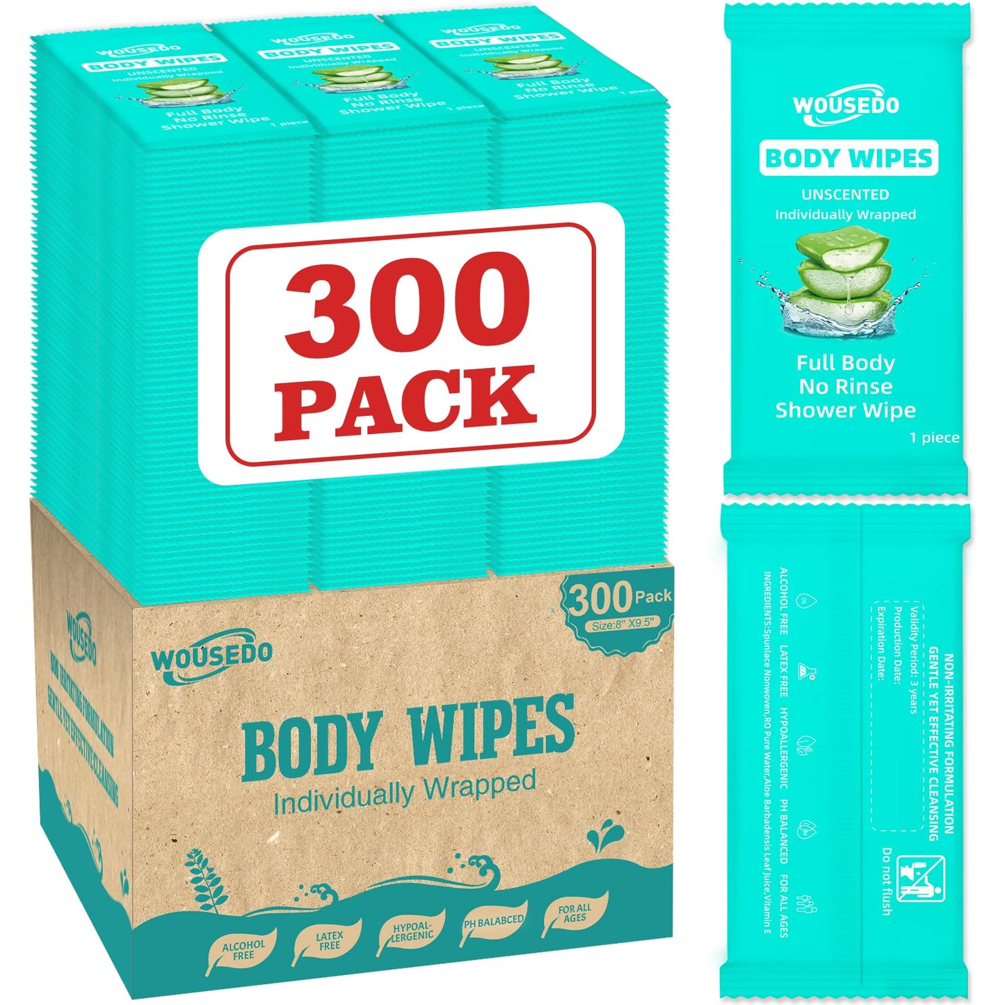 300 Pack Individually Wrapped Body Wipes (8" x 9.5"),No-Rinse Shower Wipe for Adults,Travel,Gym & Camping,Bulk Cleansing Wipes for Homeless
