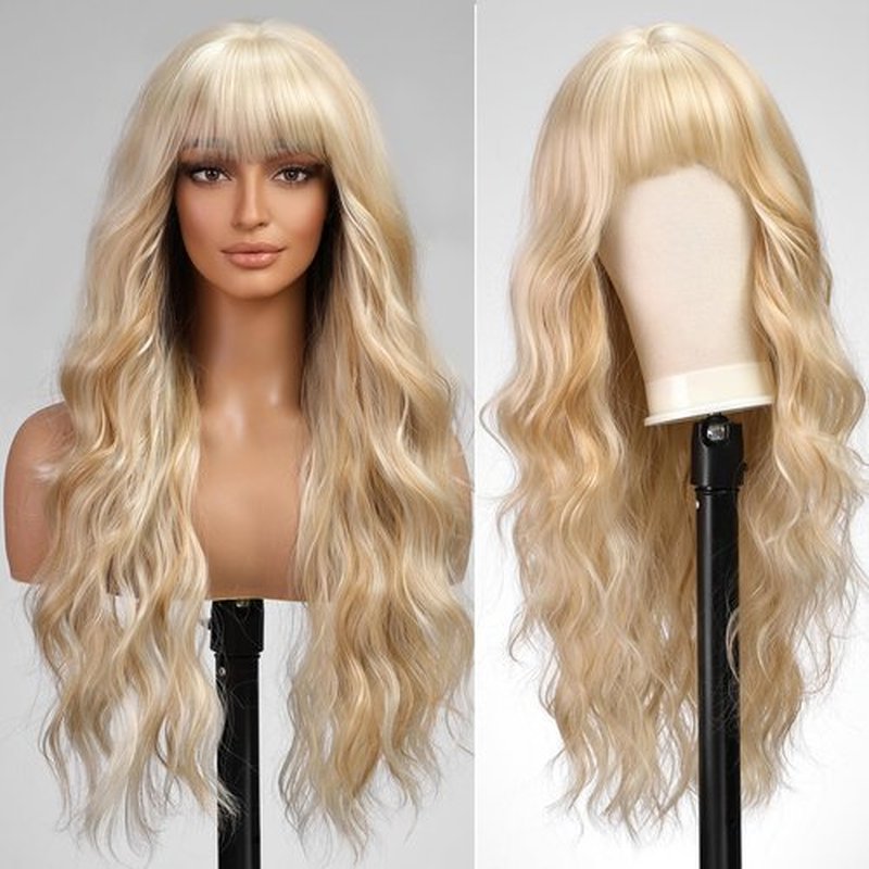 KOME Light Blonde Wigs with Bangs,613 Blonde mixed Long Wavy Wig for Women,Long Curly Synthetic Hair Wig for Party Daily Use 26IN…