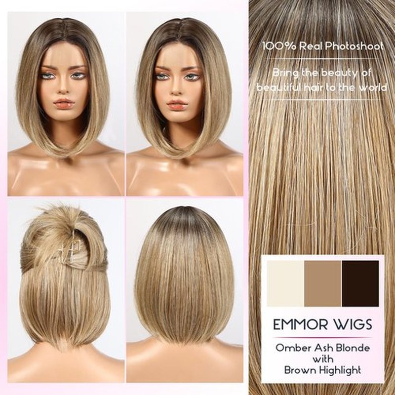 EMMOR Short Bob Wigs,Natural Shoulder Length Central Lace Bob Wgs, Premium Heat-Resistant Synthetic Straight Wigs for Women Daily Use(Ombre Ash Blonde with Brown Highlight)
