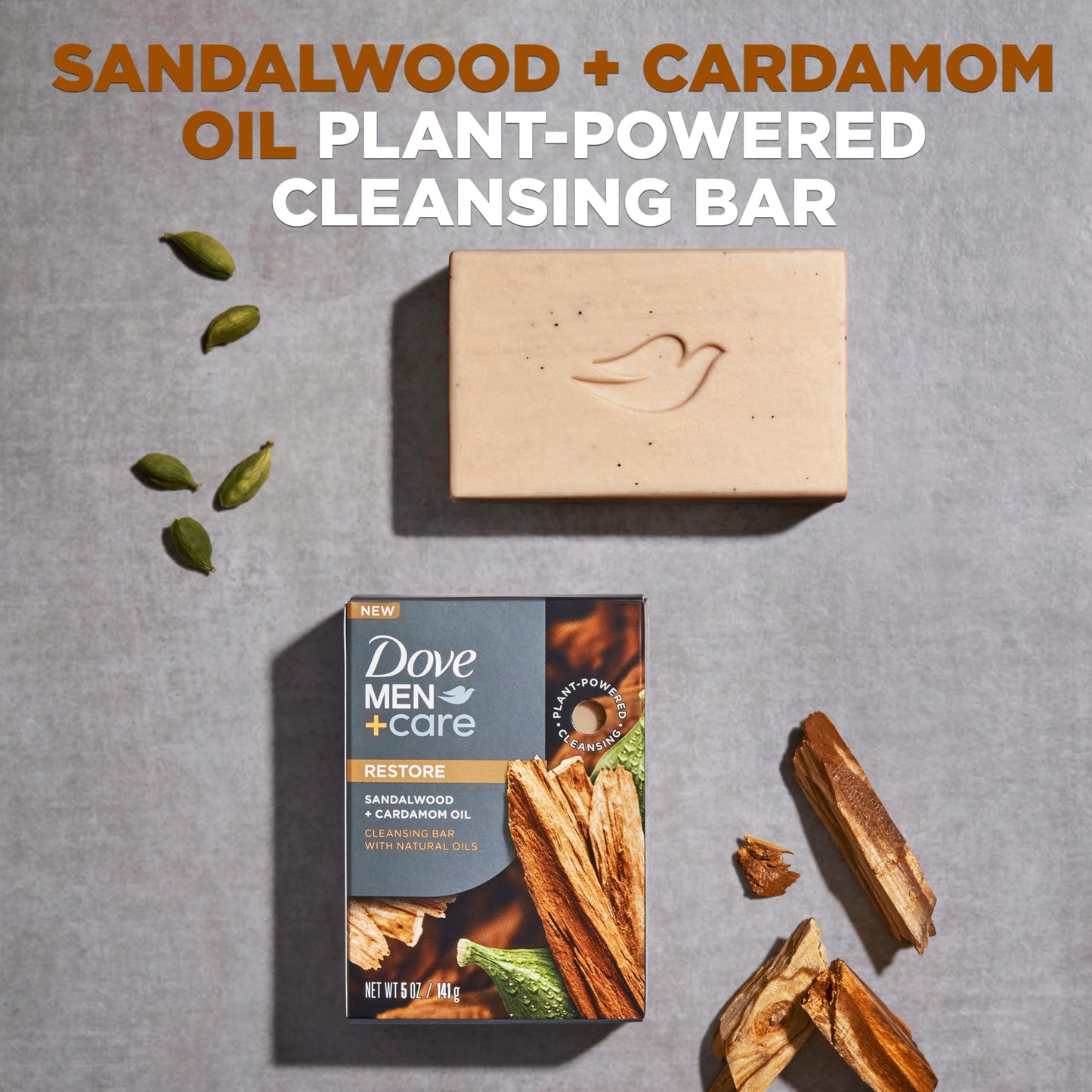 DOVE MEN + CARE Cleansing Bar Soap Sandalwood + Cardamom Oil to Rebuild Skin in the Shower,a 4in1 Hair,Body,Face & Shaving Bar with Plant-Based Cleanser and Natural Oils 5 oz,(Pack of 8)