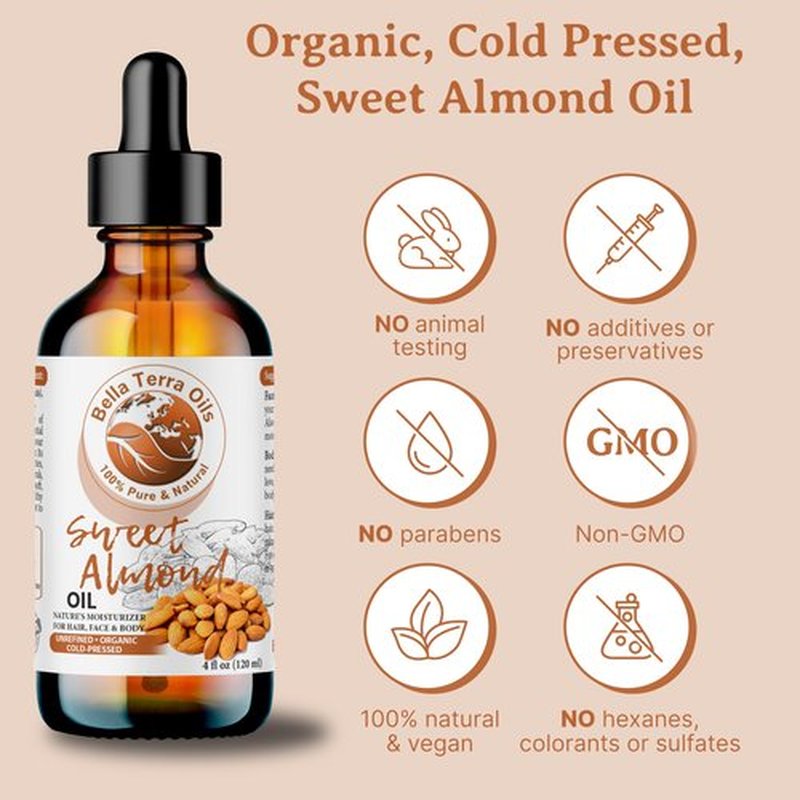 Bella Terra Oils - Organic Sweet Almond Oil 8oz - A Deep Dive into Almond's Vitamin A & Linoleic Acid Profile, Superior Cold-Pressed Delight for Skin