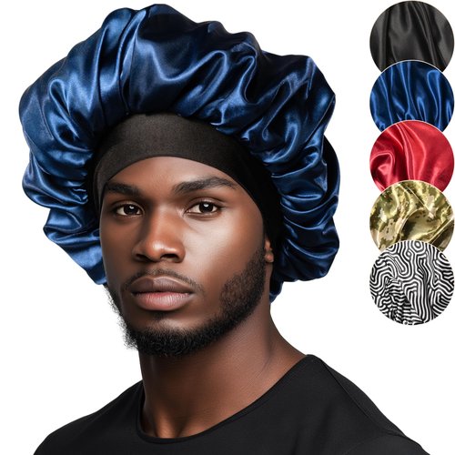 Niagara Satin Bonnet Men - Blue Bonnet for Sleeping Men - Reversible Night Cap - Mens Bonnet for Curly Hair - Large Bonnet with Double Layer (Black/Blue)
