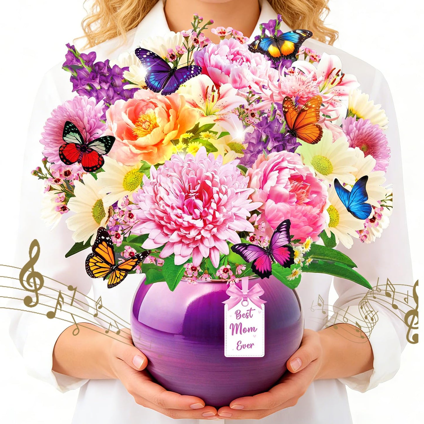 XUNXMAS Birthday Card–Happy Birthday Card Peony Flower Bouquet Design, Perfect Mother’s Day, 3D Pop Up Birthday Card for Mom with Music&Lights, Anniversary for Wife, Mother, Her (Peony Mother's Day)