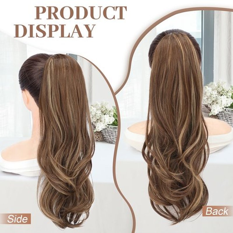 KooKaStyle Ponytail Extensions, 22 inch Ash Blonde Mix Light Brown Long Drawstring Wavy Clip in Ponytail Hair Extensions Layered Synthetic Hairpiece for Women