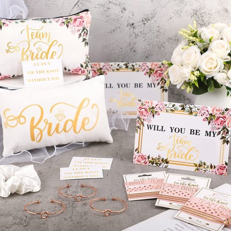63 Pcs Bridesmaid Proposal Gifts Bulk Maid of Honor Gifts Matron of Honor Gifts Brides Bridesmaid Cosmetic Makeup Bag Hair Knotted Bracelets Invitation Cards for Wedding Bachelorette (Floral Style)