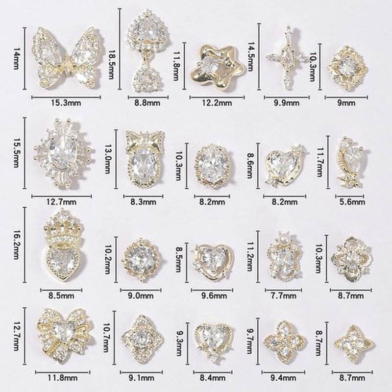 HNUIX Nail Charms and Gems - Gold Copper Zircon, Multiple Shapes 3D Dangle, Metal LuxuryJewelry Rhinestones for Nails 20 Pieces