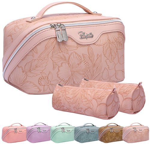 Travel Makeup Bags Cosmetic Organizer Bag: 3-Set Large Capacity Make up Bag - PU Leather Toiletry Bag for Women - Wide Open Portable Pouch with Divider & Handle (01-Z-Pink)