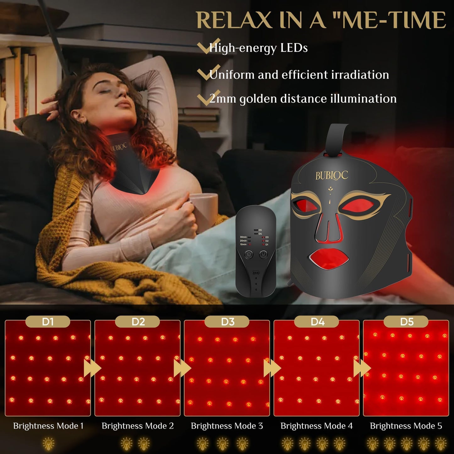 Red Light Therapy Mask Set, Five-Level Brightness Adjustment for Face and Neck, 630nm Infrared Light + 850nm Near-Infrared LED Therapy Phototherapy, Portable Mask with Power Storage, Black